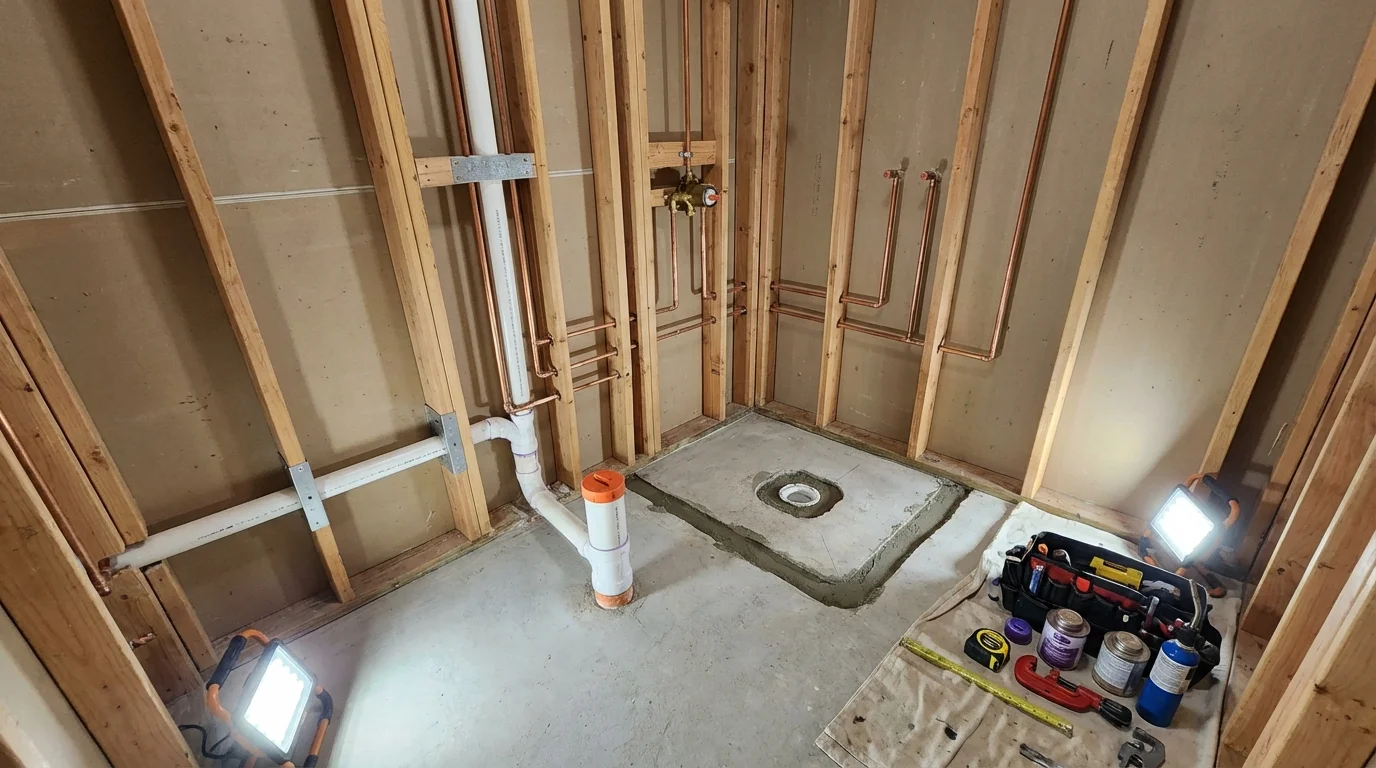 Bathroom rough-in plumbing during remodel by Johns Plumbing LLC in Valley Falls