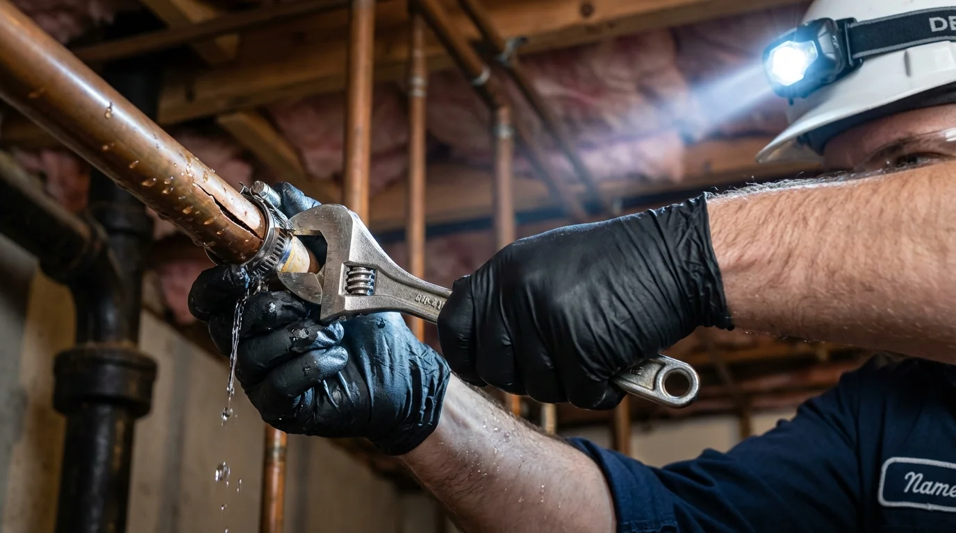 Emergency pipe clamp repair being performed by a Johns Plumbing LLC plumber in Valley Falls