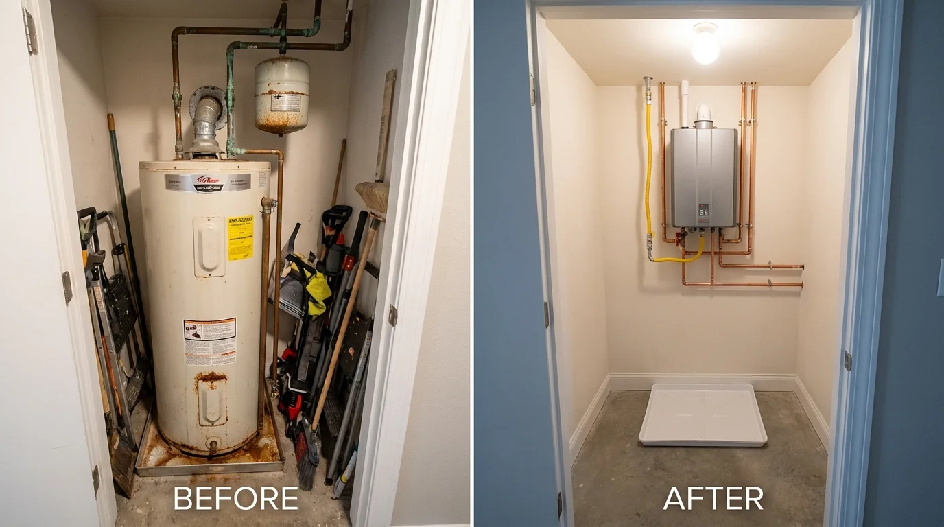 Tank water heater versus wall-mounted tankless unit comparison for Valley Falls, KS homeowners