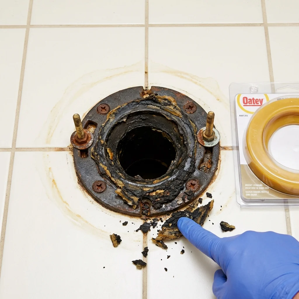 Failed wax ring showing water seepage at the base of a toilet in a Valley Falls, KS home