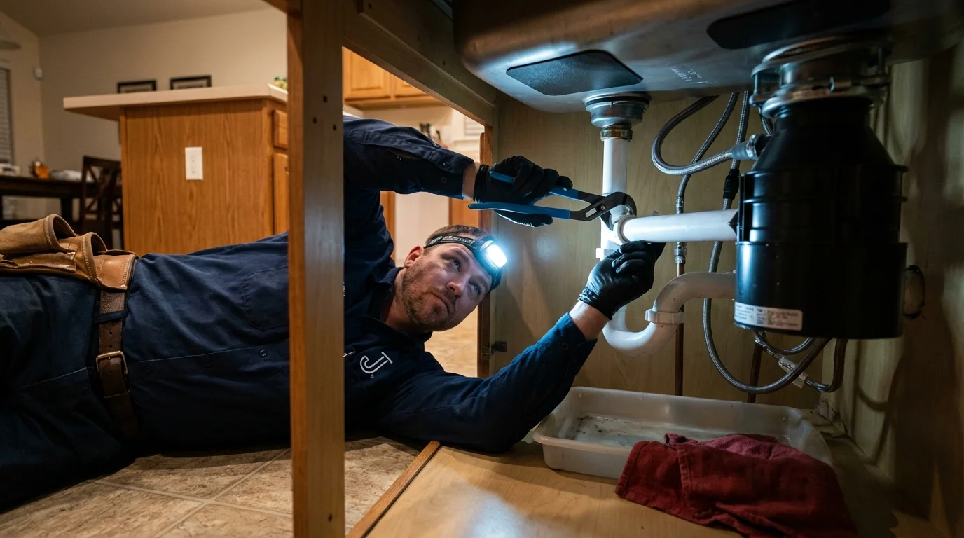 P-trap and supply line connections under a kitchen sink showing a common leak point in Valley Falls, KS
